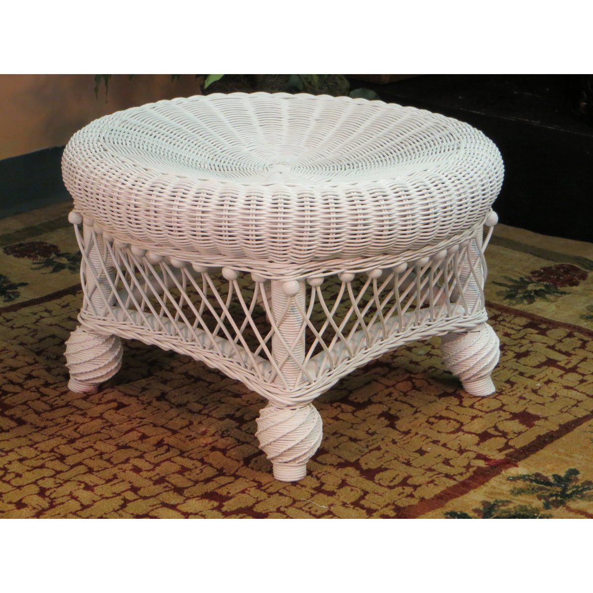 Round Footstool, Wicker Rattan Frame, White Legs