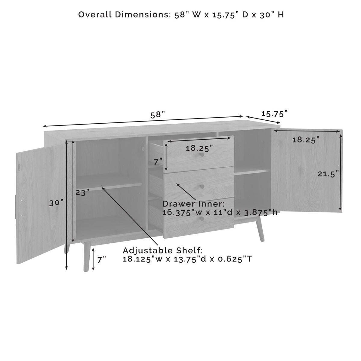 Sideboard, 58 Inch, Solid and Manufactured Wood, 2 Doors, 3 Drawers