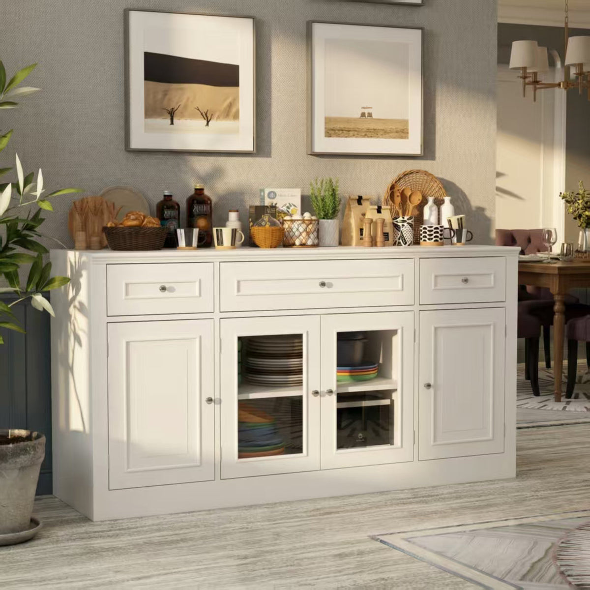 Sideboard, 57 Inch Wide, Solid and Manufactured Wood, White