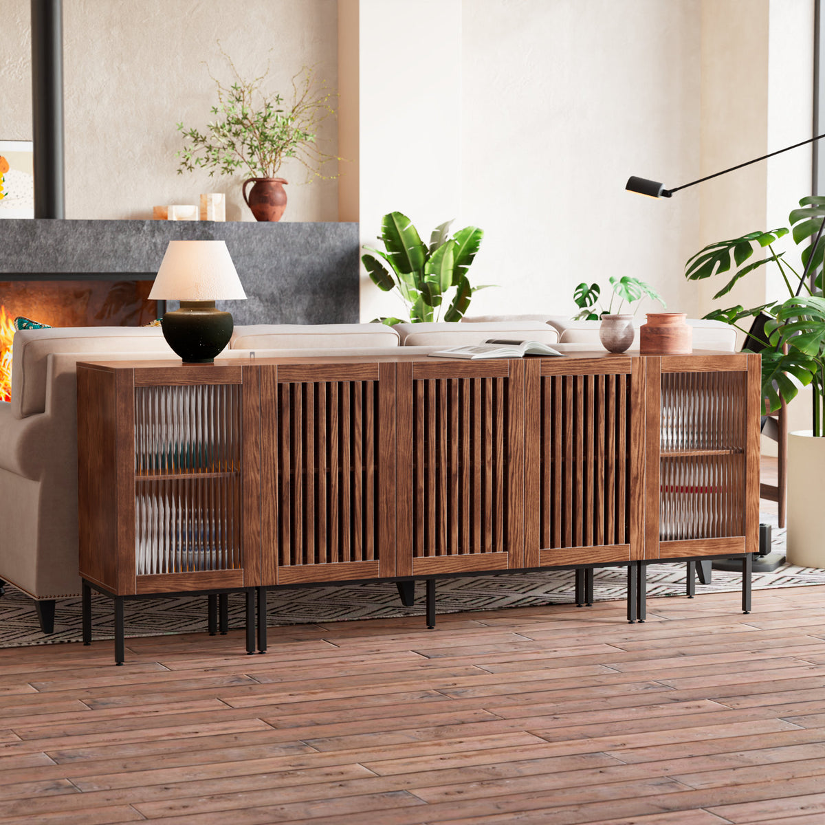 Sideboard Cabinet, 2 Glass Doors, Manufactured Wood, Brown