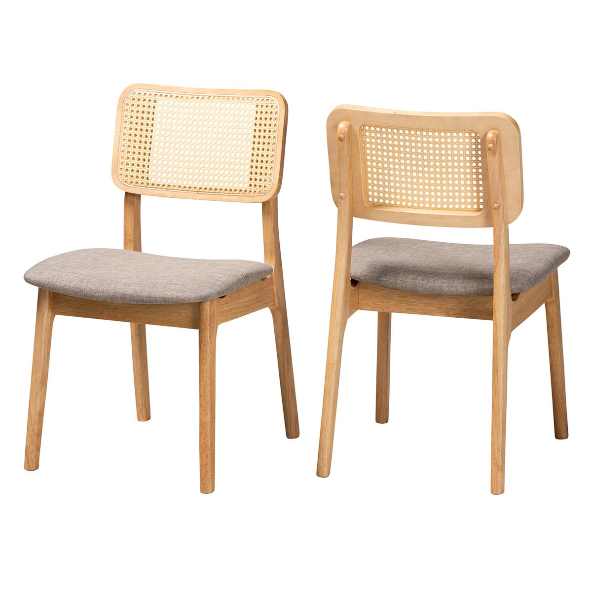 Side Chairs, Set of 2, Rubberwood Frame, Woven Rattan Back, Fabric Seat