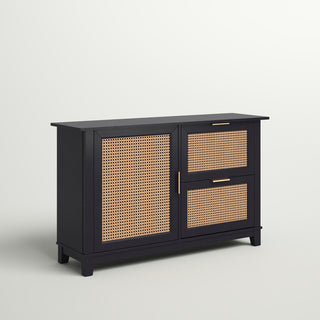 Sideboard, Solid and Engineered Wood, Black Finish, Natural Cane Fronts