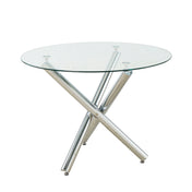 Round Dining Table, Tempered Glass Top, Silver Steel Pedestal Base