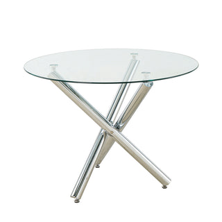 Round Dining Table, Tempered Glass Top, Silver Steel Pedestal Base