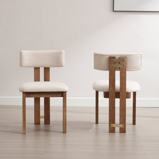 Side Chairs, Set of 2, Linen Beige Upholstery, Brown Solid Wood Frame