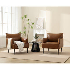 Side Chair, Brown Faux Leather, Black Metal Legs, Square Arms