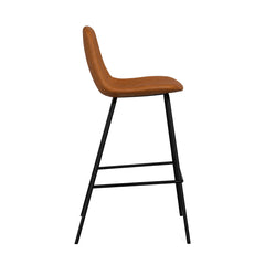 Counter Stools, Set of 2, Saddle Tan Vegan Leather, Black Metal Frame