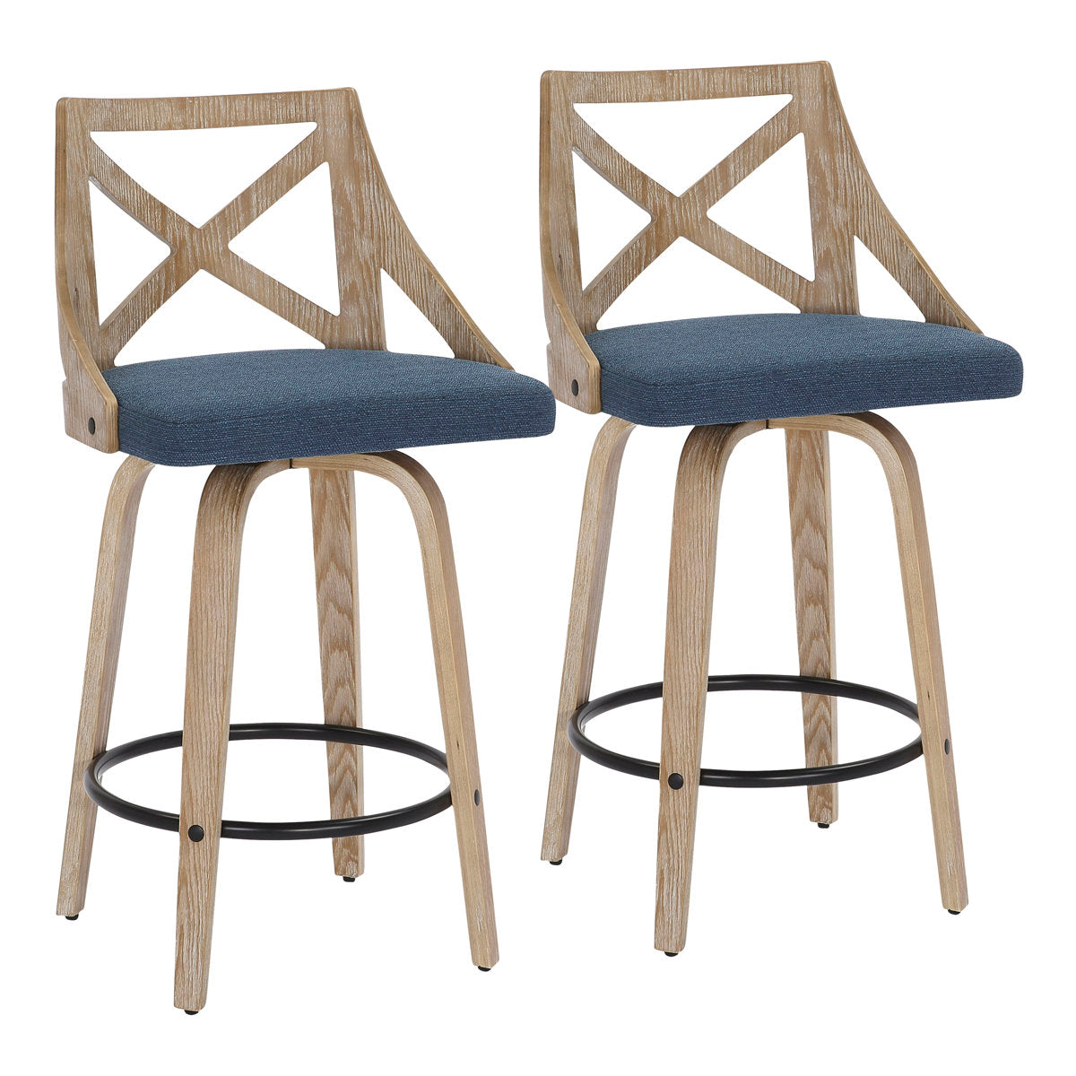 Counter Stools, Set of 2, Blue Polyester Blend Swivel Seat, White Washed Wood