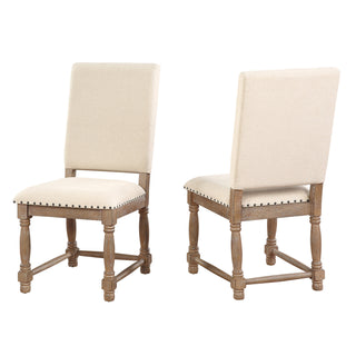 Side Chairs, Set of 2, Pine Wood, Vanilla Polyester Upholstery, Brown Legs