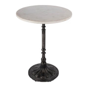 Round Pedestal Table, 24 Inch White Marble Top, Black Iron Pedestal Base