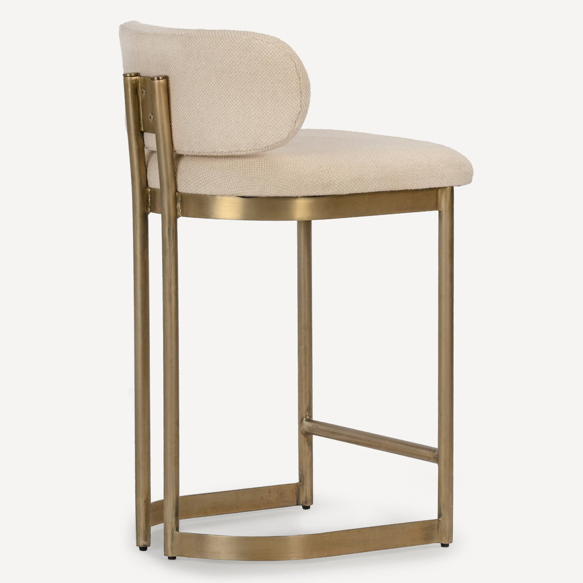 Counter Stool, Steel Frame, 24 Inch Seat Height, Off White Seat, Antique Brass