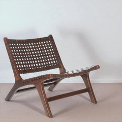 Side Chair, Woven Brown Leather, Solid Wood Frame, Brown
