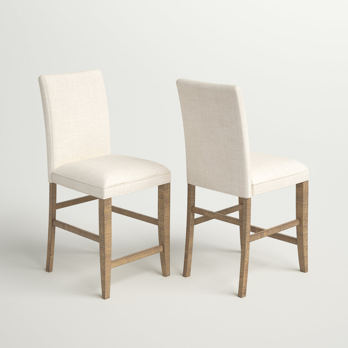 Counter Stool, Solid Pine Frame, Cream Cotton Linen Seat, Footrest