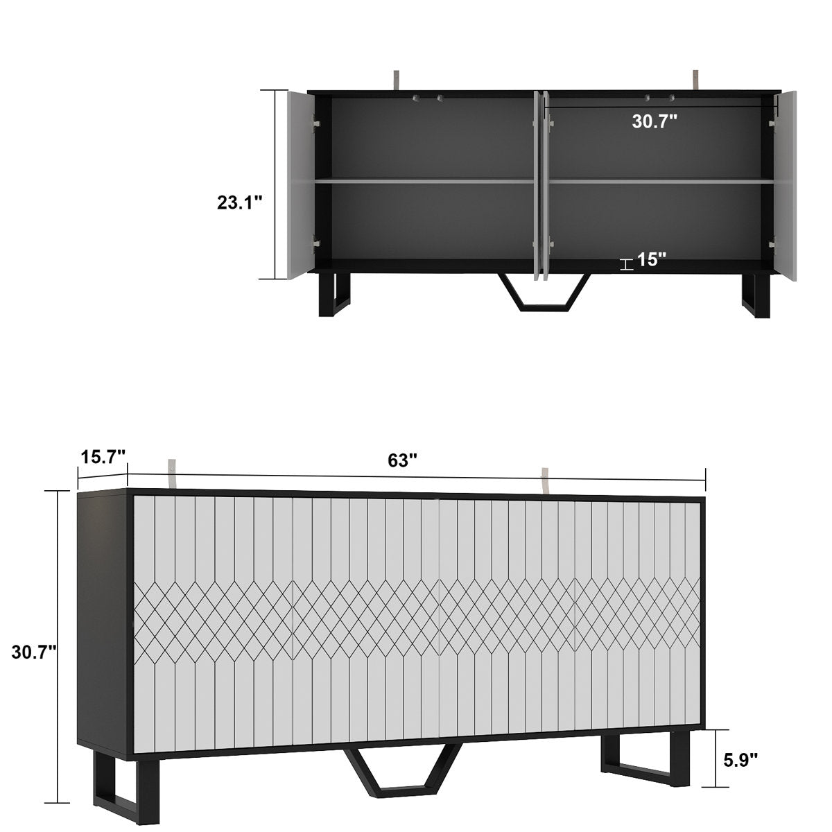 Sideboard, 4 Doors, Manufactured Wood, 63 Inch Wide, Black