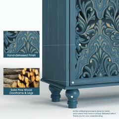 Accent Cabinet, 2 Carved Grille Doors, Pine Wood, Blue