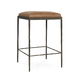 Counter Stool, Chestnut Brown Leather Seat, Four Legs, Footrest