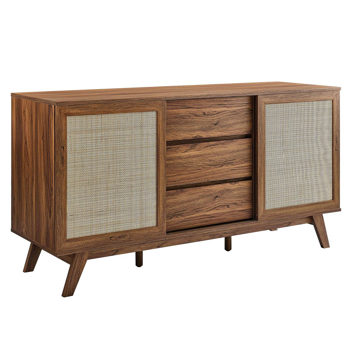 Sideboard, 59.5 Inch Manufactured Wood, Rattan Weave Sliding Doors, Walnut