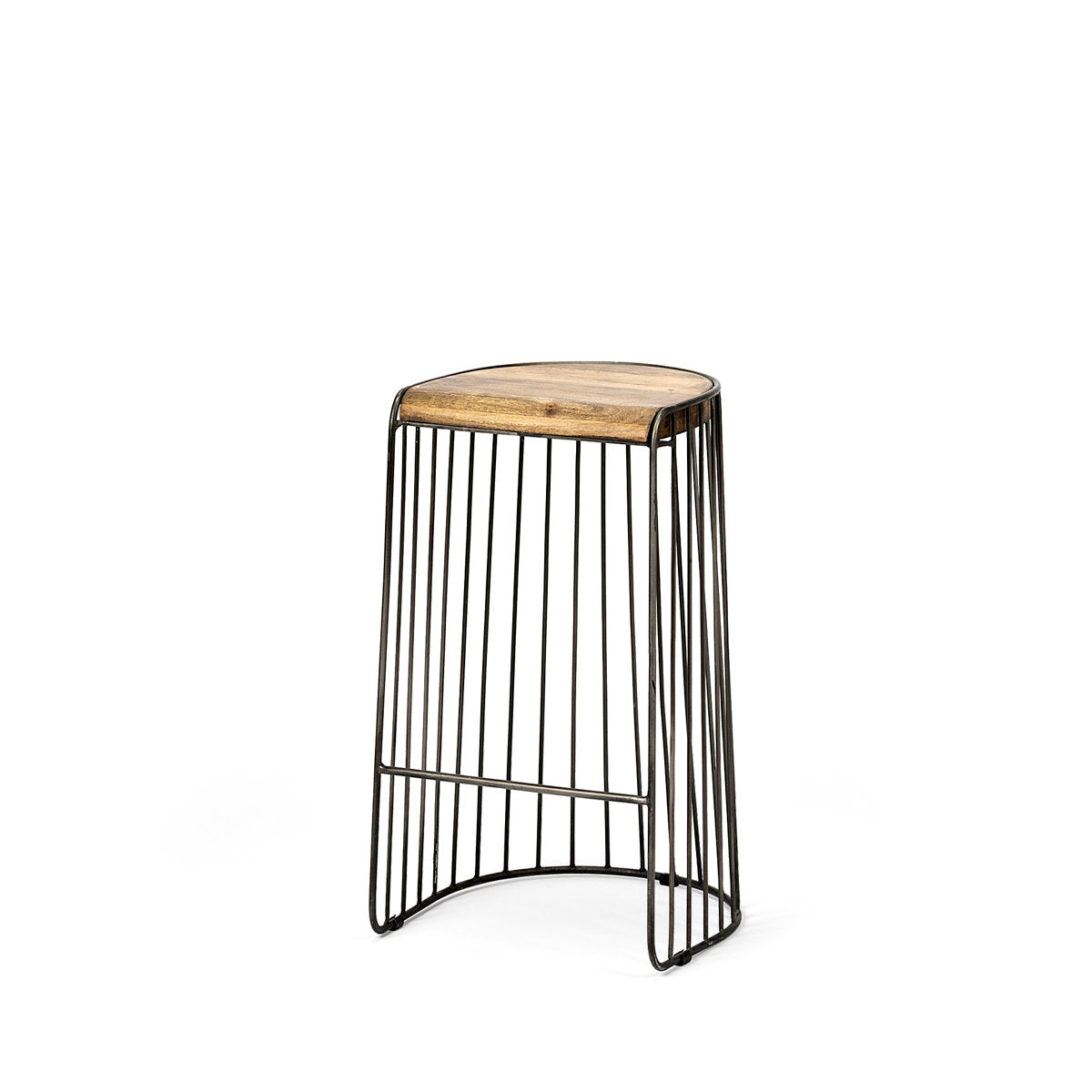 Bar Stool, Backless, Solid Mango Wood Seat, Black Metal Frame, Brown