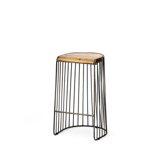 Bar Stool, Backless, Solid Mango Wood Seat, Black Metal Frame, Brown