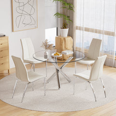 Round Dining Table, Tempered Glass Top, Silver Steel Pedestal Base