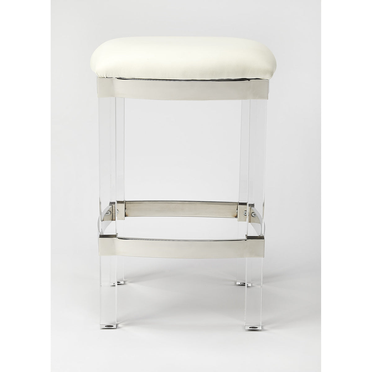 Counter Stool, White Faux Leather, Stainless Steel Frame, Clear Acrylic Legs