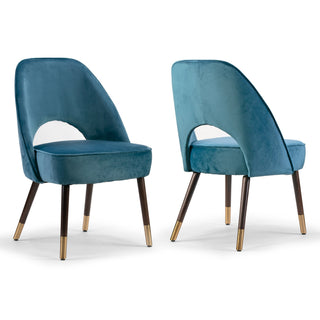 Side Chairs, Set of 2, Blue Velvet, Wood Legs