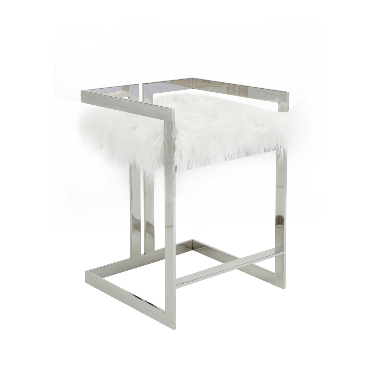 Bar Stool, 30 Inch Seat Height, White Faux Fur, Silver Steel Base