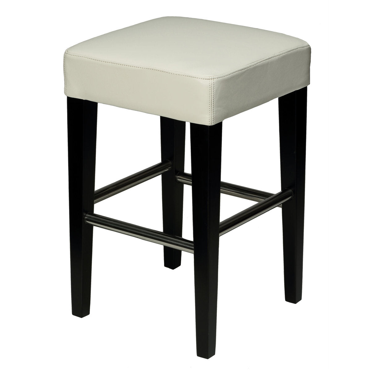 Counter Stool, White Genuine Leather Seat, Black Solid Wood Frame