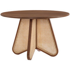 Round Dining Table, Rubberwood Frame, Rattan Four-Leg Base, Walnut