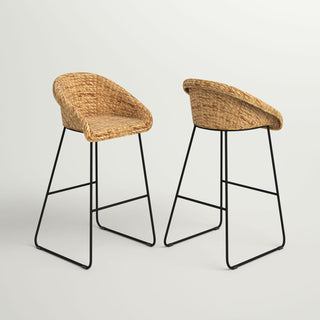 Bar Stools, Set of 2, Brown Water Hyacinth Seat, Black Iron Frame