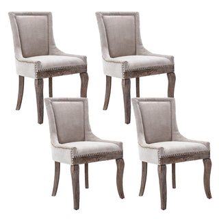 Side Chairs, Set of 4, Beige Linen Upholstery, Brown Wood Legs, Nailhead Trim