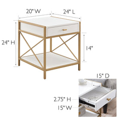 End Table with Drawer, Solid and Manufactured Wood Top, White and Satin Gold