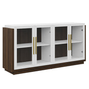 Sideboard, 4 Glass Doors, Engineered Wood, Brown and White, Gold-Tone Hardware