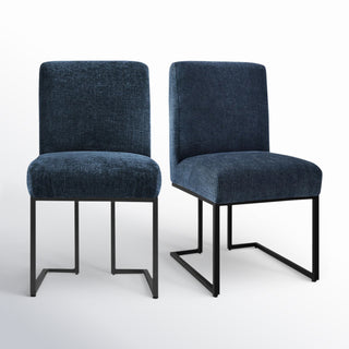 Side Chairs, Set of 2, Blue Fabric, Black Metal Sled Base