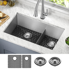 Undermount Kitchen Sink, Lenta, Double Bowl, 32 In, 16 Gauge Stainless Steel