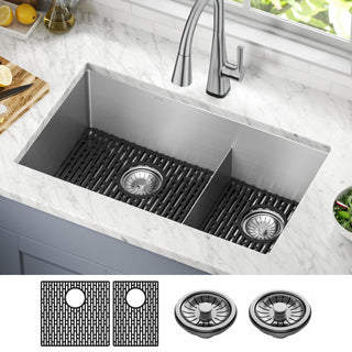 Undermount Kitchen Sink, Lenta, Double Bowl, 32 In, 16 Gauge Stainless Steel