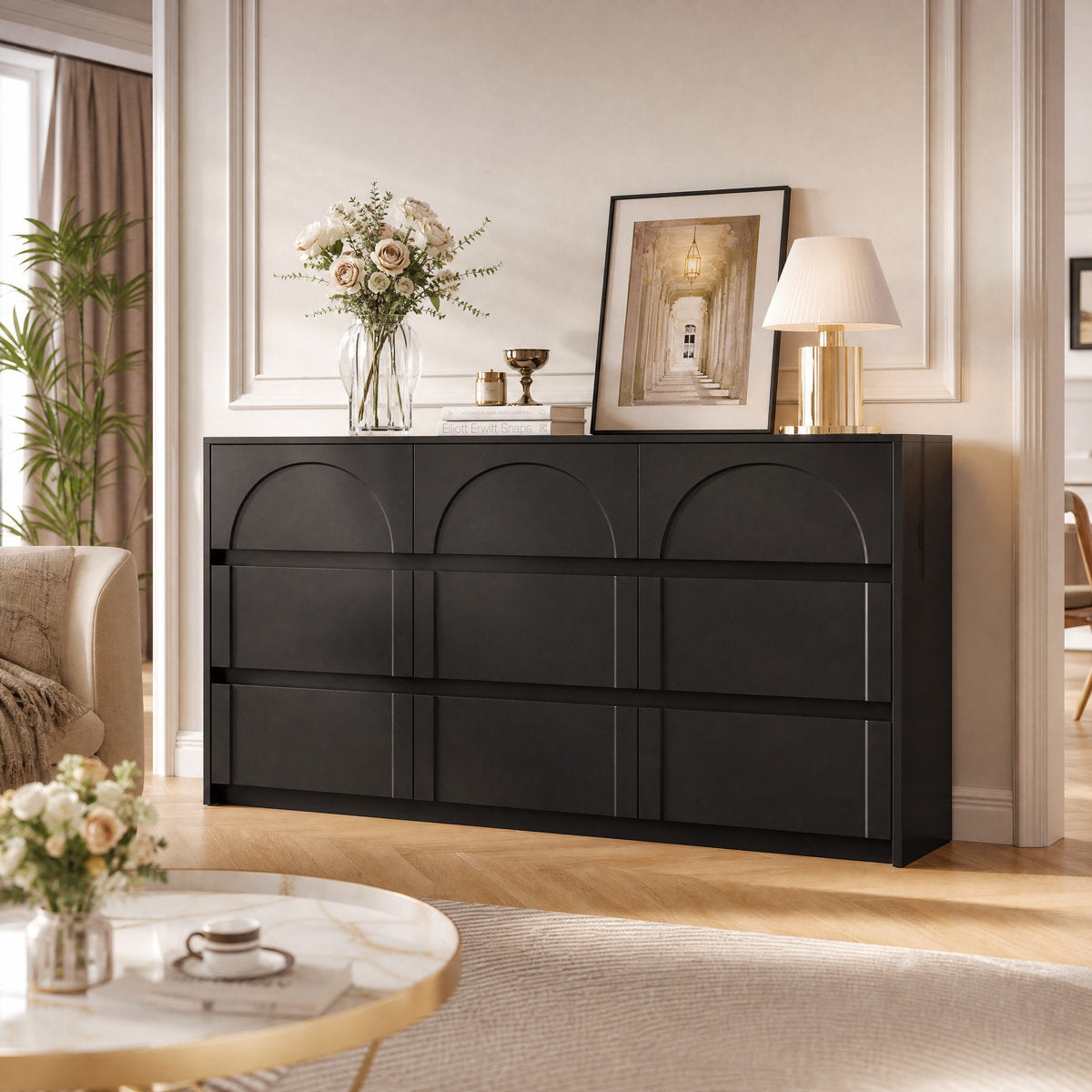 Sideboard, 9-Drawer, 63-Inch Wide MDF Cabinet, Black