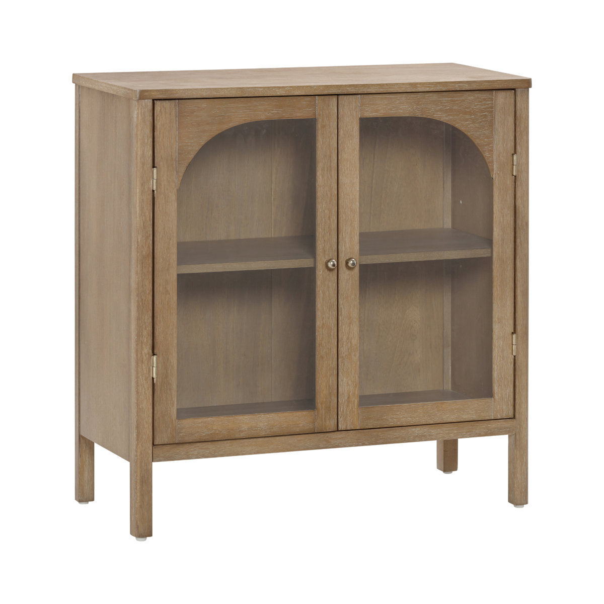 Sideboard Cabinet, 2 Curved Glass Doors, Light Brown Wood, Brass Handles