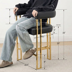 Counter Stool with Arms, Black Faux Leather, Gold Metal Legs