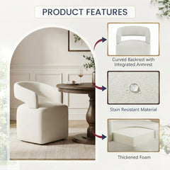 Dining Armchair on Casters, Ivory Polyester, Manufactured Wood Frame