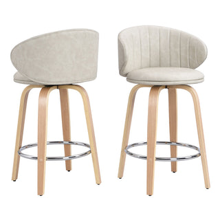 Counter Stools, Set of Two, Beige Faux Leather, Swivel, Brown Base