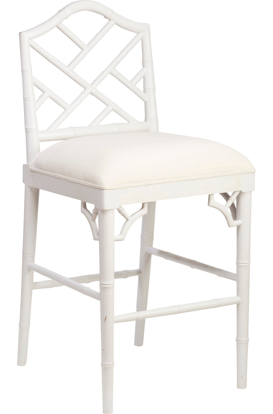 Bar Stool, Solid Mahogany Frame, Hand-Carved, White Linen Seat