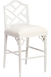 Bar Stool, Solid Mahogany Frame, Hand-Carved, White Linen Seat