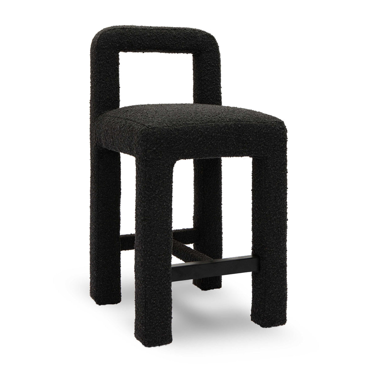 Counter Stool, Black Boucle Upholstery, Solid and Manufactured Wood Frame