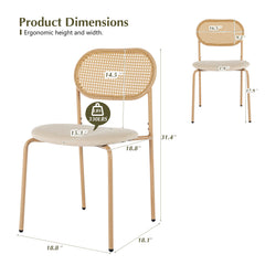 Dining Chairs, Set of 4, Linen Fabric Seat, Rattan Back, Natural Metal Legs
