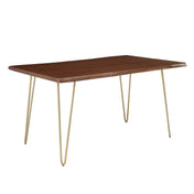 Dining Table, Rectangular Live Edge Acacia Wood, Walnut Top, Gold Steel Legs