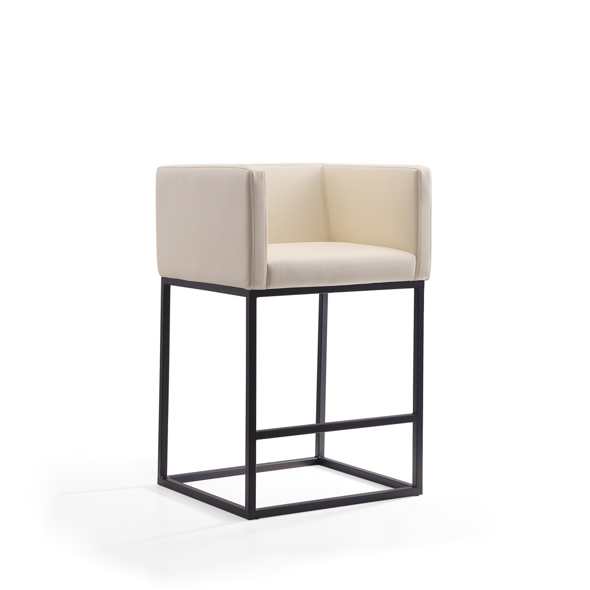 Counter Stool, Cream Faux Leather Seat, Steel Frame, Black Sled Base