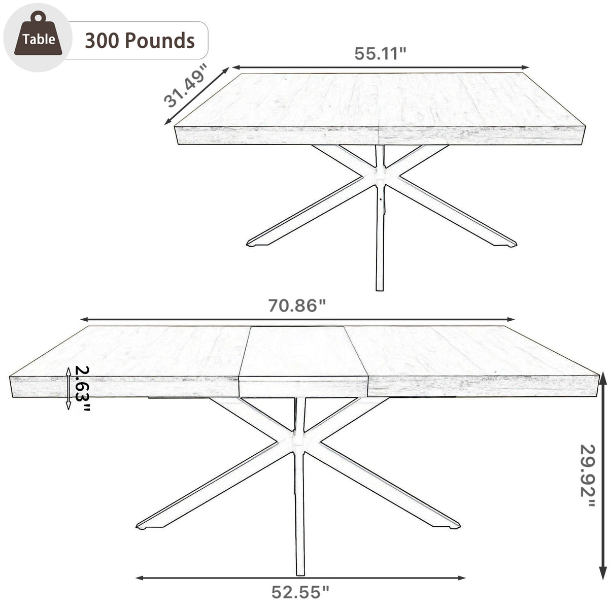 Extendable Dining Table, Seats 4 to 8, Brown Wood Top, Black Metal Pedestal Base
