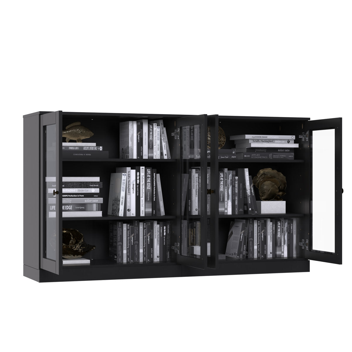 Sideboard, Set of 2 Units, Solid Pine Wood and Glass, 64 In. Wide, Black Matte