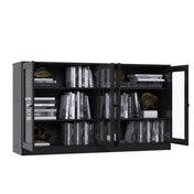 Sideboard, Set of 2 Units, Solid Pine Wood and Glass, 64 In. Wide, Black Matte